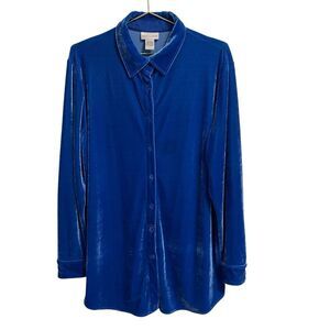 Soft Surroundings Royal Blue Velvet Tunic Length Button Down Shirt Size Large